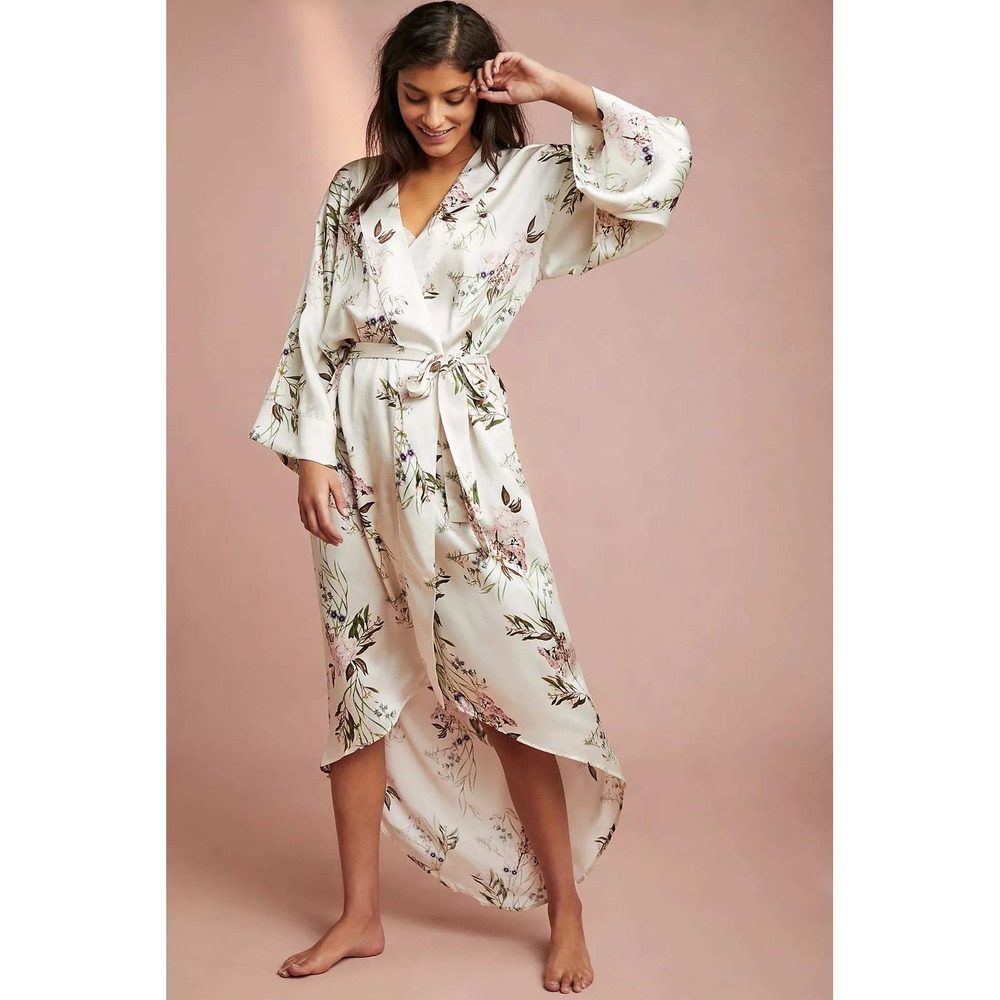 Antrho Maison Du Soir Floral Robe White Pink Botanical Kimono Tie Waist XS Small